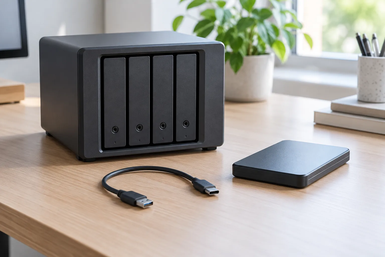 NAS와 외장하드 및 USB 케이블을 나란히 배치한 개념 이미지