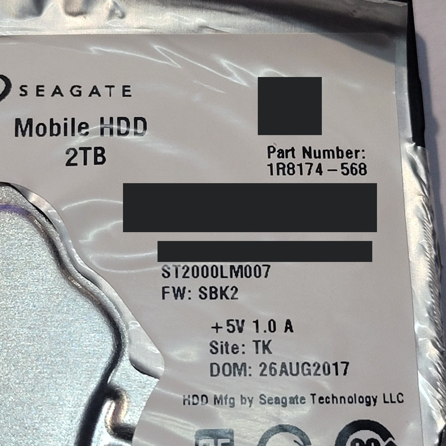 Seagate Mobile HDD ST2000LM007 2TB 모델 라벨